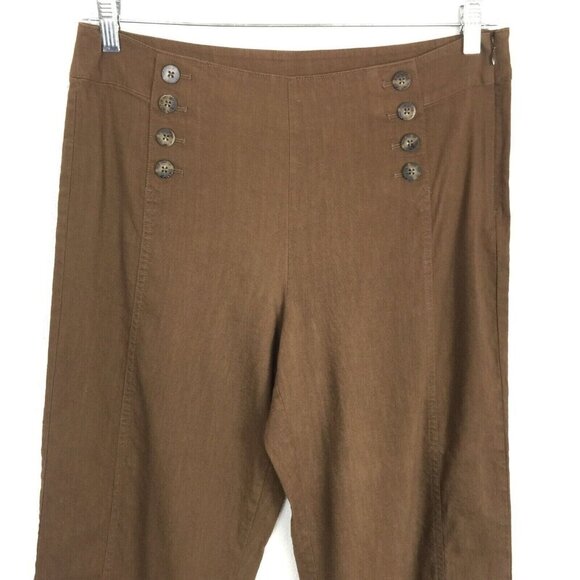 J Jill Brown Linen Stretch Cropped Pants 10 Button Front Casual Relaxed Fit - Picture 2 of 7